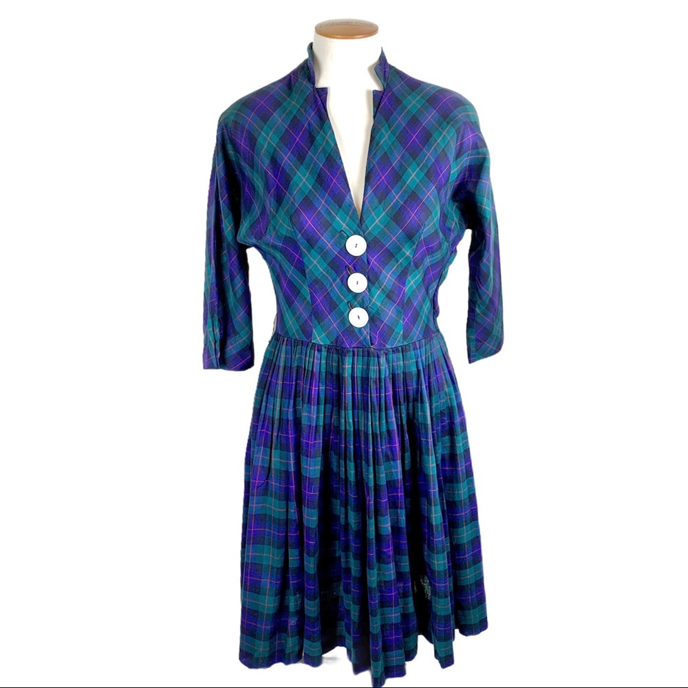 1950s Vintage Tartan Bias Cut Button Front Circle Dress size Small